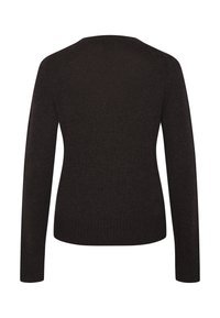 Dunkelbrauner, langärmliger Pullover mit Rundhalsausschnitt. Glatte Textur, schmaler Schnitt, gerippter Saum und Bündchen, minimalistischer Stil.