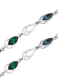 Srebrna bransoletka z marquise'owo ciętymi zielonymi i niebieskimi kamieniami szlachetnymi, przeplatana metalowymi akcentami w formie pętli w naprzemiennym wzorze.