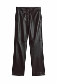 Zwarte neplederen broek met een rechte pijpdesign, voorzien van een soepele textuur en subtiele stikseldetails. Geen zichtbare hardwareaccenten.