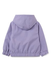 Giacca cappuccio di colore viola chiaro con polsini e orlo elasticizzati, realizzata in un materiale liscio e caratterizzata da un design semplice e privo di decorazioni.