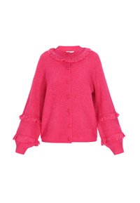 Cardigan lavorato a maglia di un vivace color rosa con maniche lunghe e puff, dettagli in frangia sul colletto e sulle maniche, e chiusura frontale con bottoni.