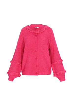 Felle roze gebreide cardigan met lange, poffende mouwen, franjes op de kraag en mouwen, en een frontale knoopsluiting.