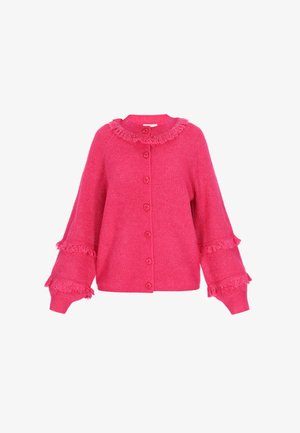 Fényes rózsaszín kötött kardigán hosszú puffos ujjal, fröccsöntött részletezéssel a galléron és az ujjakon, valamint elöl gombos záródással.