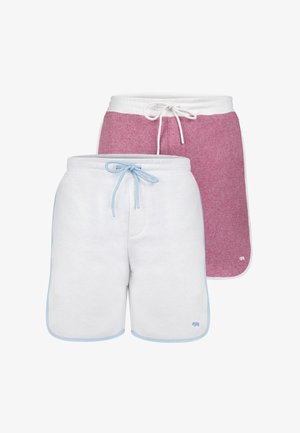 Kaks paari lühikesi pükse: üks valge helesiniste detailidega, teine burgundia punane triibulise mustriga. Mõlemal on nööriga vöökoht ja küljetaskud.