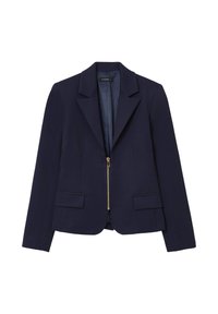 Blazer navy in tessuto strutturato, con zip frontale, rever a punte, due tasche applicate e vestibilità slim.