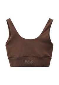 Brun atletisk bralette gjord av slätt, elastiskt material. Har breda axelband och en logotyp vid fållen. Enkel, minimalistisk design.