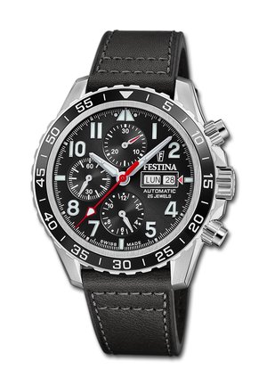 Black Festina chronograph watch with date display, three subdials, silver case, black bezel with minute markings, and black leather strap.