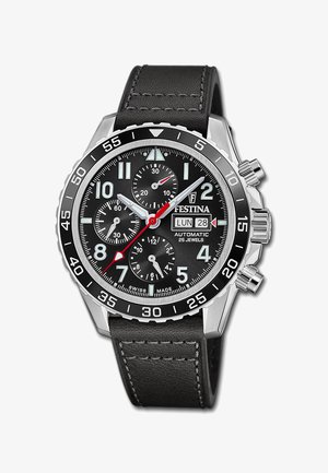 Black Festina chronograph watch with date display, three subdials, silver case, black bezel with minute markings, and black leather strap.