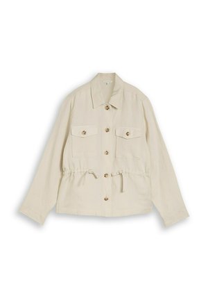 Lichtbeige jas met knopen, twee borstzakken, lange mouwen, kraag en verstelbare taille met trekkoord.