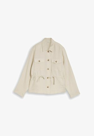 Jasnobeżowa kurtka na guziki z dwoma kieszeniami na piersiach, długimi rękawami, kołnierzem i regulowanym ściągaczem w talii.