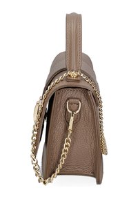 Borsa a mano in pelle marrone con finitura testurizzata, dotata di manico superiore e attacco a catena dorata per opzioni di trasporto versatili.