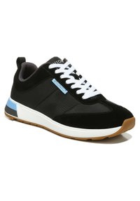 Black athletic shoe with white laces, a smooth suede upper, blue detailing on the heel, and a white rubber sole with a gum outsole.