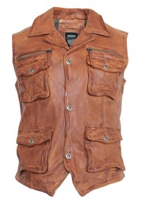 Brauner Lederweste mit mehreren Taschen, Druckknopfverschlüssen und einer strukturierten Oberfläche. Sie hat zwei Frontzipper auf der Brust und einen Kragen.