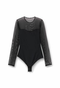 Černý body s dlouhými průhlednými síťovými rukávy, s pevným černým trupem a výstřihem ve tvaru lodi. Elastický materiál s hladkým povrchem.