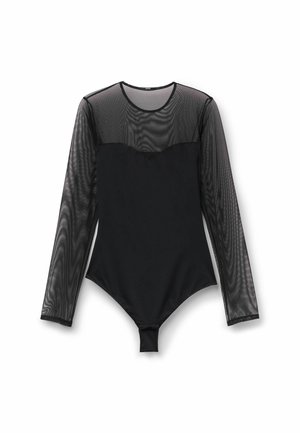 Bodysuit negro con mangas largas de malla transparente, que presenta un torso negro sólido y un escote en forma de scoop. Material elástico con una textura suave.