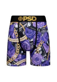 Vyrų bokseriai su juodu juosmeniu ir auksiniu "PSD" logotipu; purpurinių rožių, grandinių ir deimantų akcentų raštas tamsiame fone.