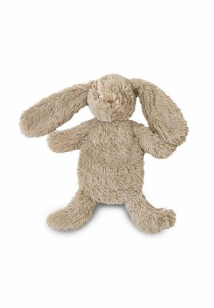 Jouet lapin en peluche beige doux avec de longues oreilles tombantes, corps rond et traits du visage simples cousus, assis droit sur fond blanc.