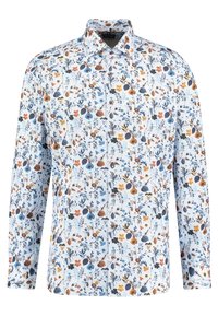 Long-sleeve shirt in light blue fabric, featuring a floral pattern with orange, blue, and black accents throughout. Button-down collar.