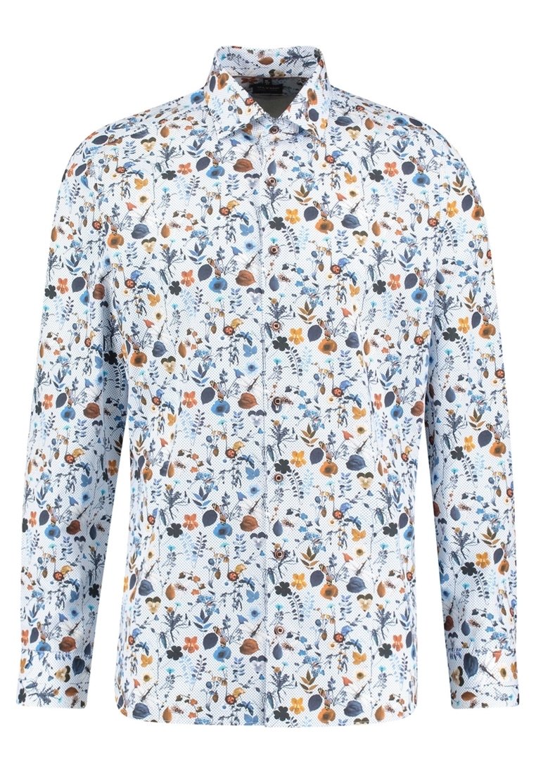 Long-sleeve shirt in light blue fabric, featuring a floral pattern with orange, blue, and black accents throughout. Button-down collar.