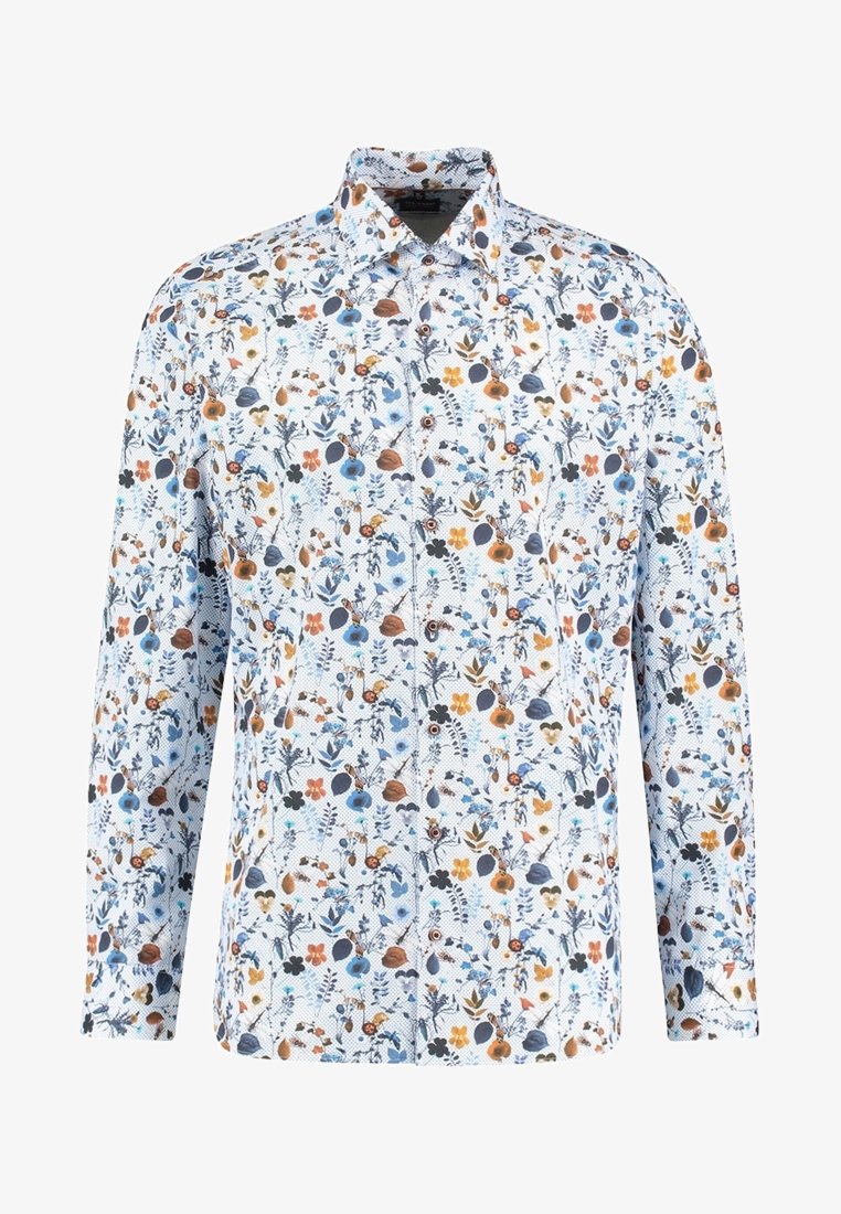 Long-sleeve shirt in light blue fabric, featuring a floral pattern with orange, blue, and black accents throughout. Button-down collar.