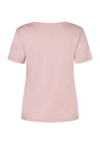 Hellrosa T-Shirt mit kurzen Ärmeln, runder Halslinie, weichem Material und einfachem Design. Keine Muster oder Akzente sichtbar.