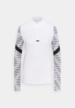 Langarmshirt in Weiß mit grauen gemusterten Ärmeln und einem schwarzen Akzentband, mit einem Reißverschlusskragen zur Anpassung.