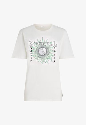 Hvid bomulds t-shirt med korte ærmer, prydet med et grafisk design af solen og yin-yang, mærket "O'NEILL CALIFORNIA" i sort og grøn.