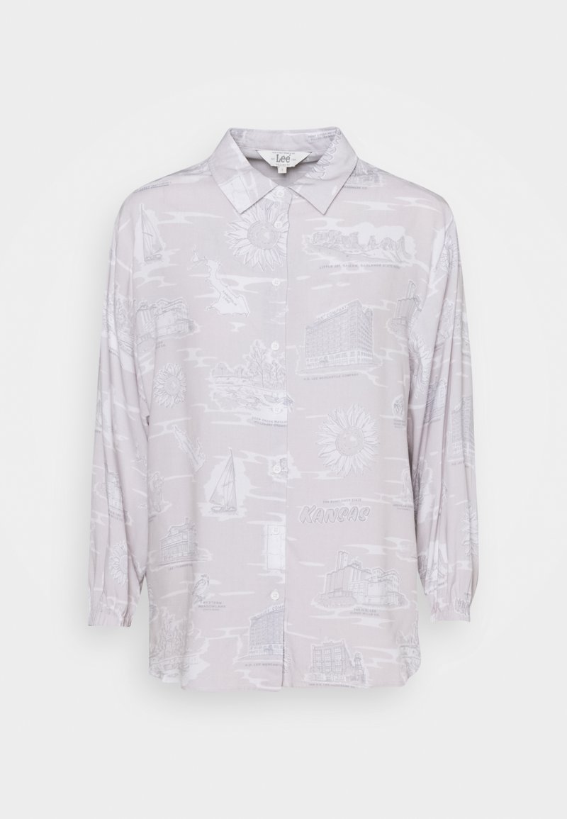 Light gray button-up shirt featuring a graphic print of landmarks and patterns, long sleeves with cuffs, and a classic collar design.