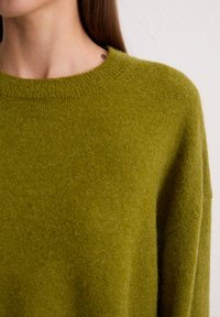 Pull olive en vert composé d'un tissu doux et texturé. Présente un col rond et une coupe décontractée, mettant en avant la chaleur du matériau.