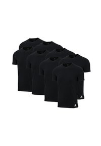 Black cotton crew neck t-shirts stacked in a pack of six. Each shirt features short sleeves and subtle branding on the lower left side.