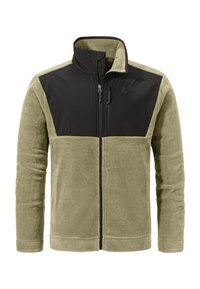 Herren Fleecejacke in Olivgrün mit schwarzem Brustpaneel, durchgehendem Reißverschluss, hohem Kragen und Reißverschlussbrusttasche.