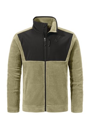 Herren Fleecejacke in Olivgrün mit schwarzem Brustpaneel, durchgehendem Reißverschluss, hohem Kragen und Reißverschlussbrusttasche.