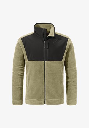 Herren Fleecejacke in Olivgrün mit schwarzem Brustpaneel, durchgehendem Reißverschluss, hohem Kragen und Reißverschlussbrusttasche.