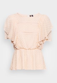 Blouse de couleur pêche avec un motif à pois texturé, manches courtes évasées, devant plissé et taille élastique pour un ajustement décontracté.