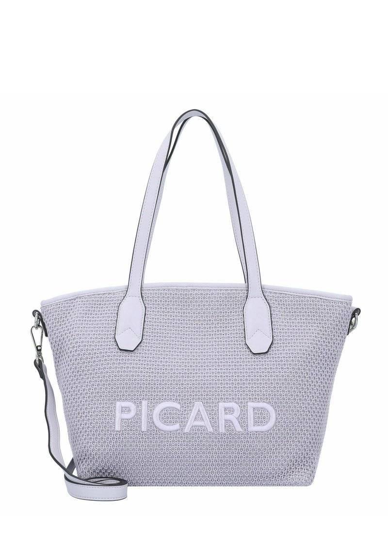 Lichtgrijze gevlochten totebag met leren accenten, "PICARD" geperst op de voorkant, dubbele handvatten en een verstelbare schouderriem.