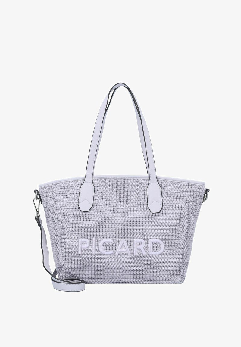 Lichtgrijze gevlochten totebag met leren accenten, "PICARD" geperst op de voorkant, dubbele handvatten en een verstelbare schouderriem.