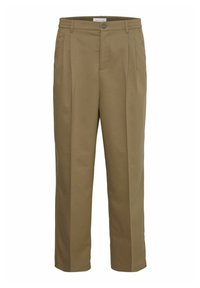 Khaki broeken met een getailleerde pasvorm, voorzien van twee voorplooien, een enkele knoopsluiting en een gladde textielafwerking.