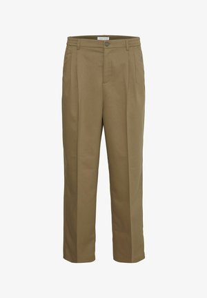 Khaki broeken met een getailleerde pasvorm, voorzien van twee voorplooien, een enkele knoopsluiting en een gladde textielafwerking.