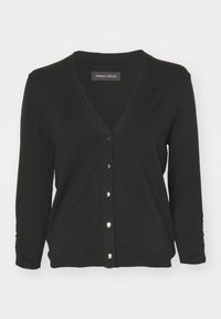 Czarny kardigan z dekoltem w serek, długimi rękawami i srebrnymi guzikami z przodu. Gładka struktura, prosty design i dopasowany kształt.