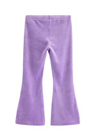 Purple flared pants made of soft, smooth fabric, featuring a solid color with no patterns or embellishments. Elastic waistband.