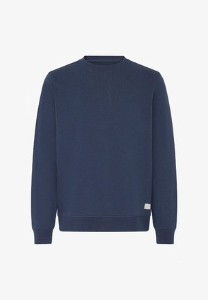 Dunkelblaues Sweatshirt aus strukturiertem Stoff, mit Rundhalsausschnitt und langen Ärmeln mit gerippten Bündchen und Saum, Markenetikett am unteren Ende.