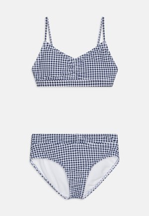 Bikini sæt i marineblå og hvid gingham-rude med en bralette-top, der har justerbare stropper, og en høj talje-bund med en ensfarvet foring.