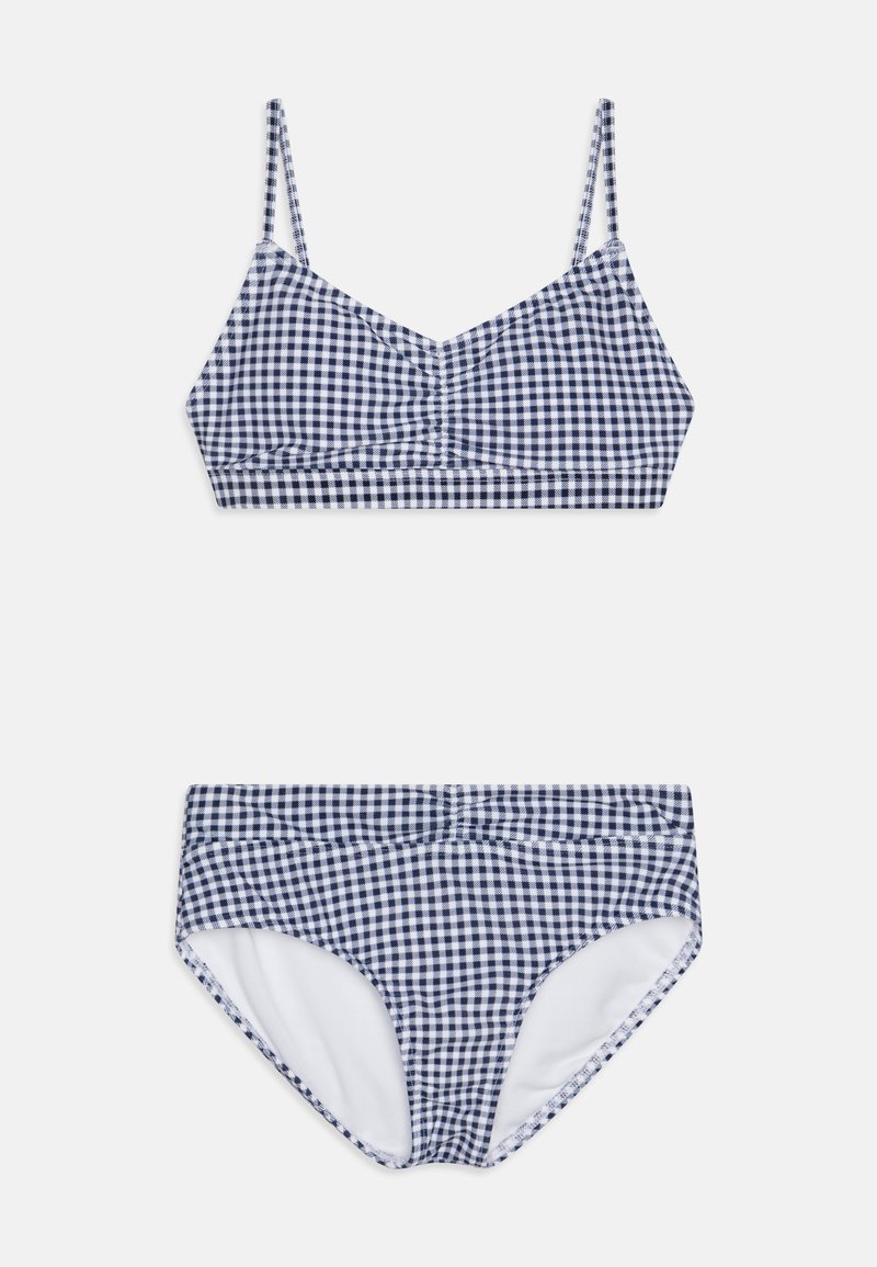 Zestaw bikini w granatowo-białą kratkę w stylu gingham z topem braletowym z regulowanymi ramiączkami oraz wysokim dołem wykończonym jednolitą podszewką.