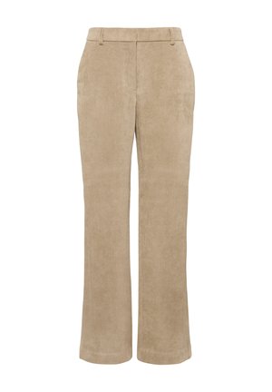 Beige corduroy trousers with a straight leg design, featuring vertical ribs and a structured waistband for a tailored fit.