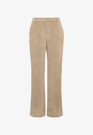 Beige corduroy trousers with a straight leg design, featuring vertical ribs and a structured waistband for a tailored fit.