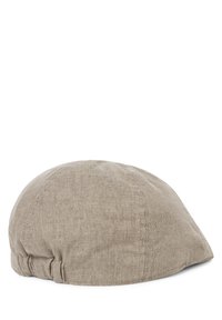 Grau-linien Newsboy-Cap mit runder Oberseite, gerafftem Rückendesign und sichtbaren Nähten, das eine strukturierte, gewebte Optik aufweist.