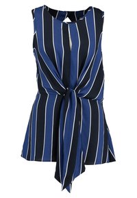 Blå och marinrandig ärmlös topp med knut framtill, tillverkad av lätt material, med rund halsringning och slät yta.