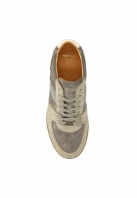 Gray and beige suede sneaker featuring a rounded toe, perforated detailing, and fabric laces. "MNFD" logo embossed on tongue.
