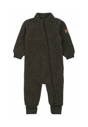 Combinaison polaire vert foncé à manches longues, col montant, fermeture éclair frontale et poignets côtelés. Comprend un petit écusson de marque sur la manche.