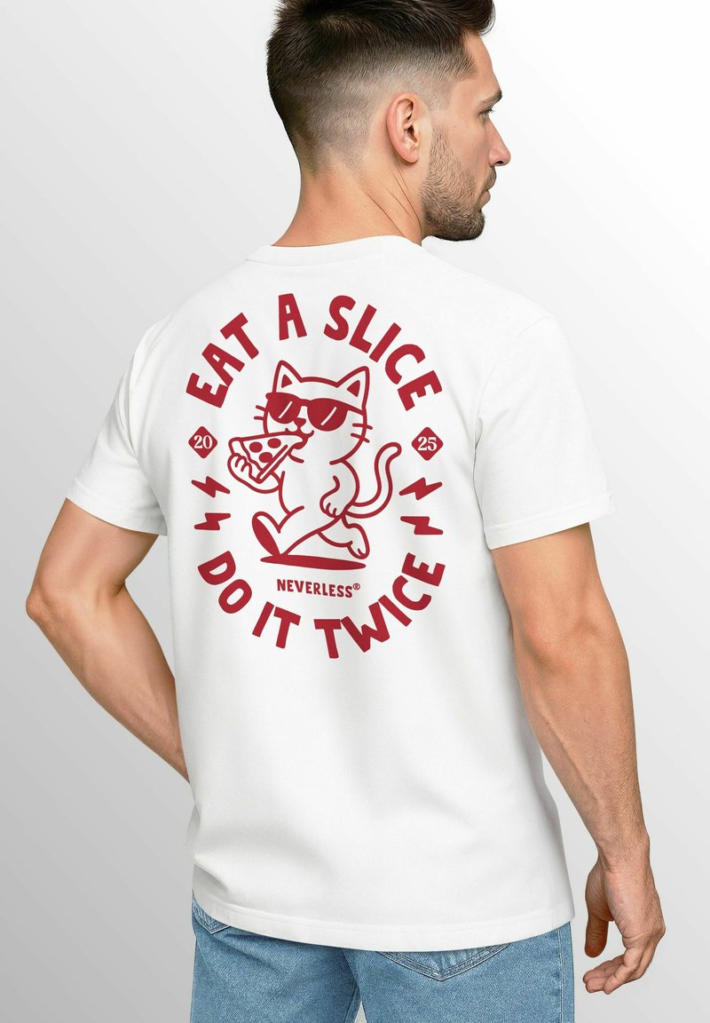 White short-sleeve t-shirt featuring a red graphic design of a cat wearing sunglasses, holding a pizza slice with text: "EAT A SLICE DO IT TWICE."